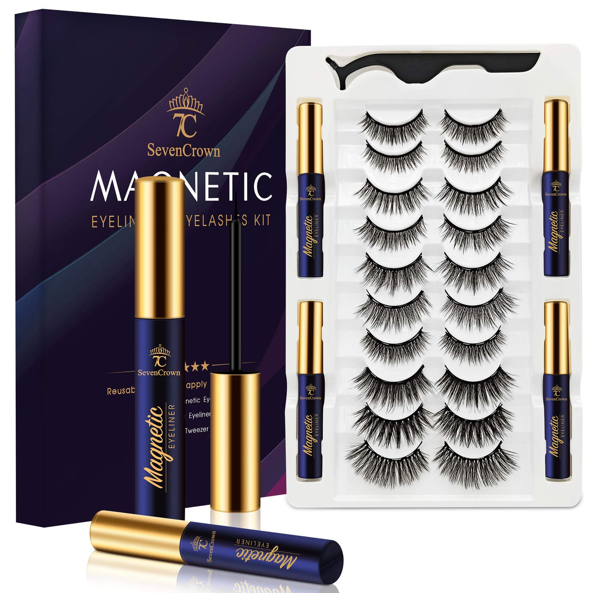 7C Sevencrown Magnetic Eyelashes Kit - 10 Pairs 3D Medium Lashes & 4 Tubes Of