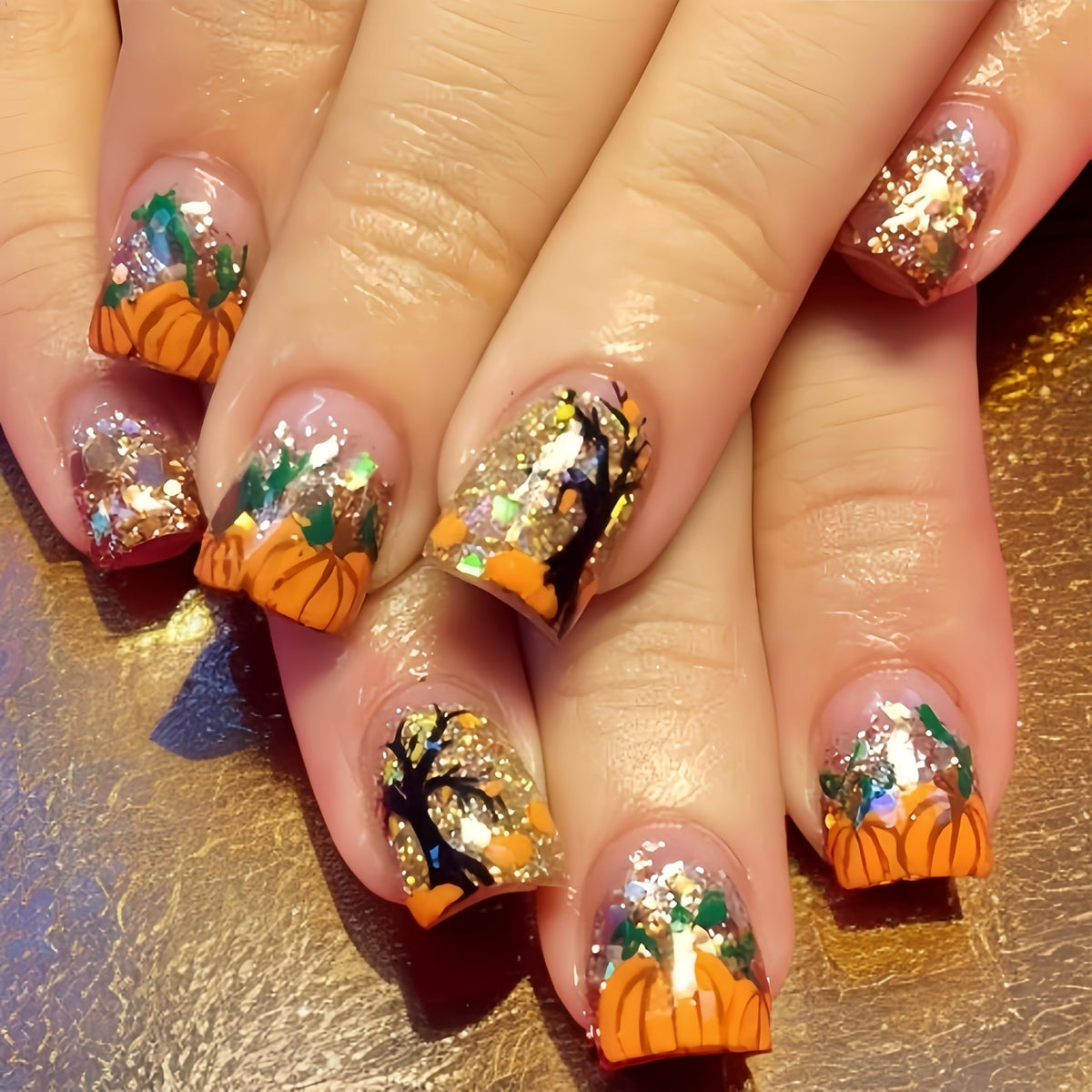 Shuxilin 24Pcs Fall Press On Nails - Gold Glitter Pumpkin French Tip, Autumn Acrylic Manicure