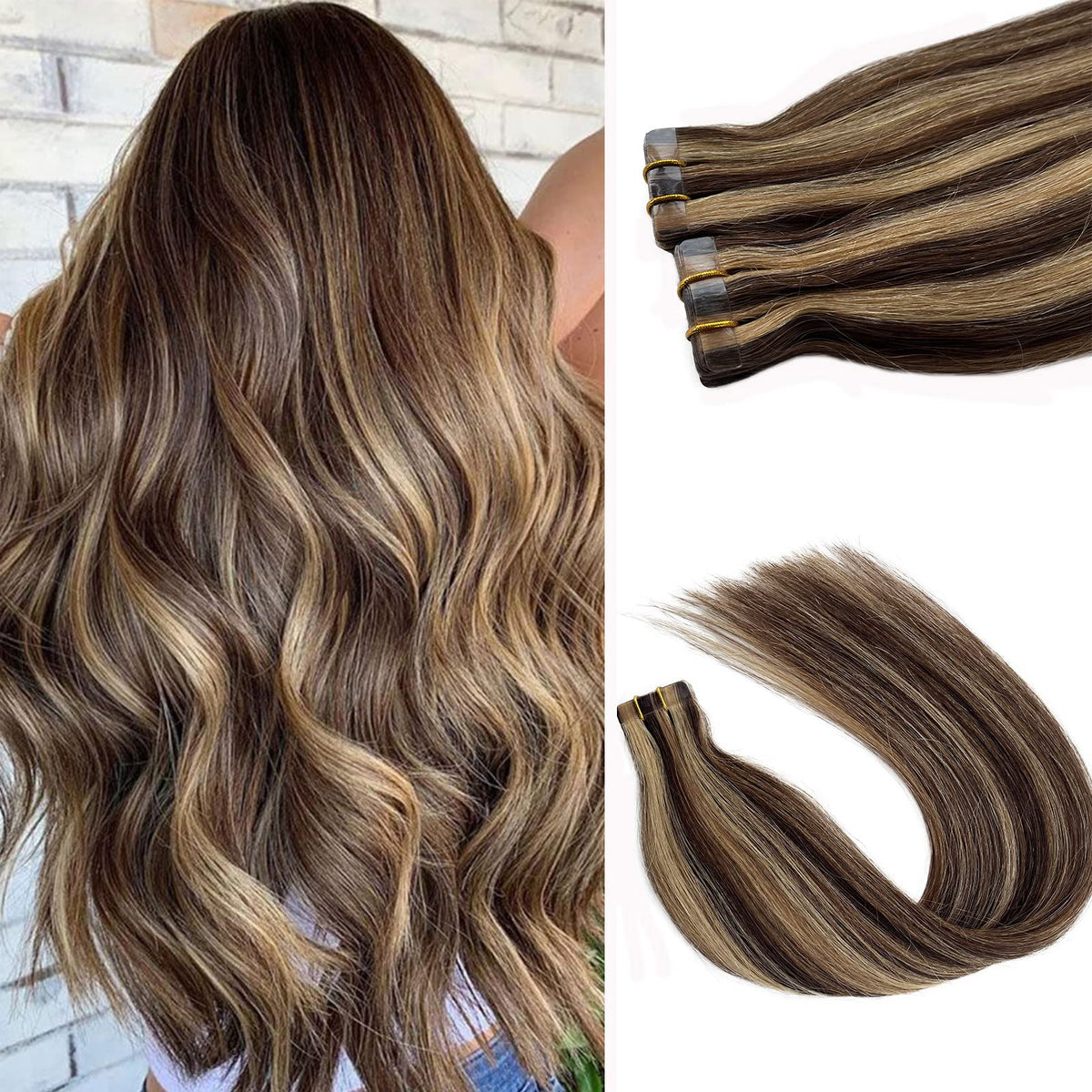 Munx 60G Tape In Hair Extensions Balayage Medium Brown & Strawberry Blonde 22&quot; Remy Human Hair