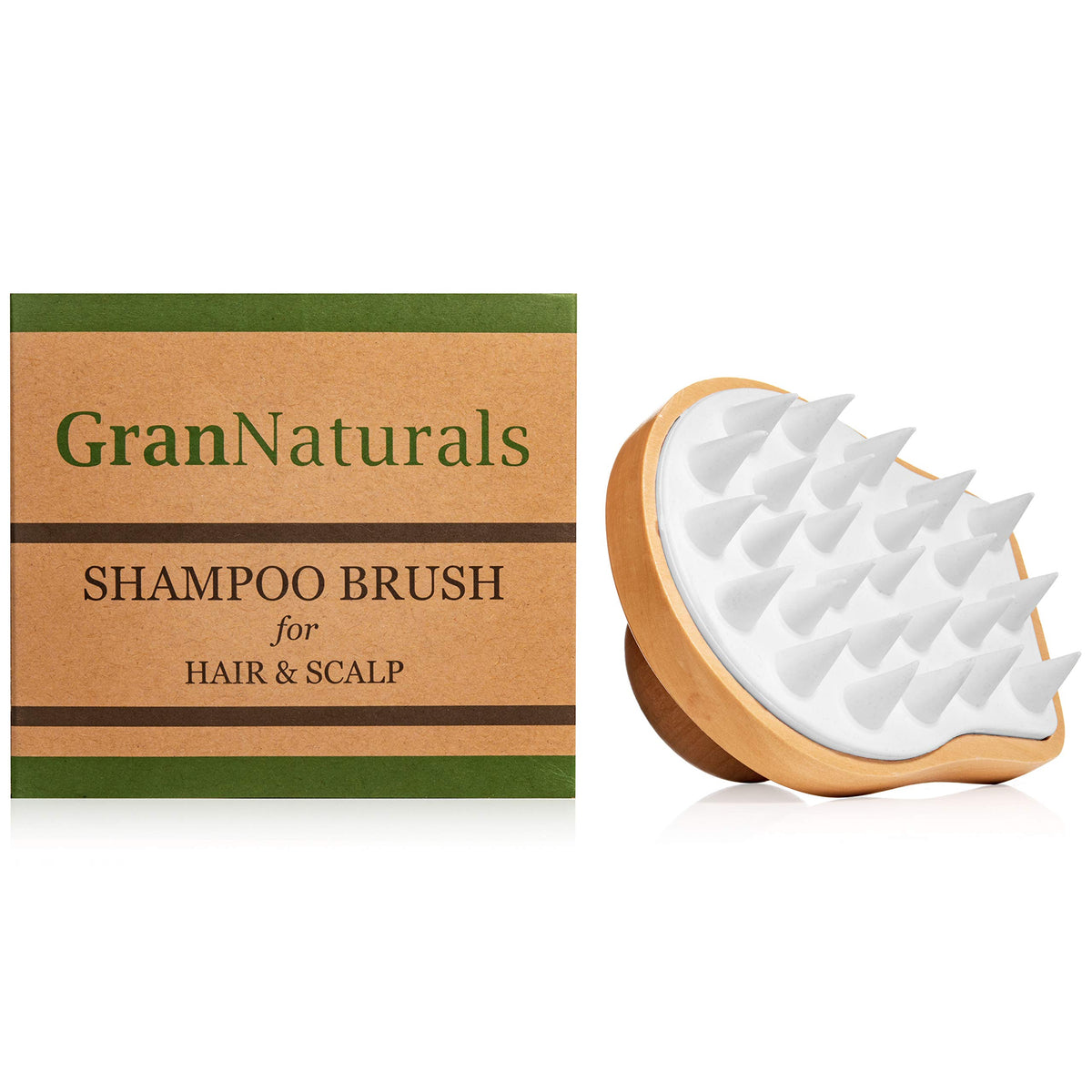 Grannaturals Wooden Shampoo Scrubber Brush - Scalp Massager With Silicone Bristles, White