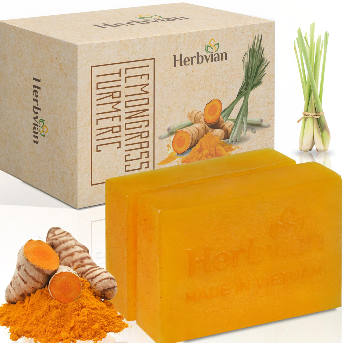 Herbvian Natural Turmeric Soap Bar - Anti-Acne, Mosquito Repellent, 2 Pack (3.5 Oz)