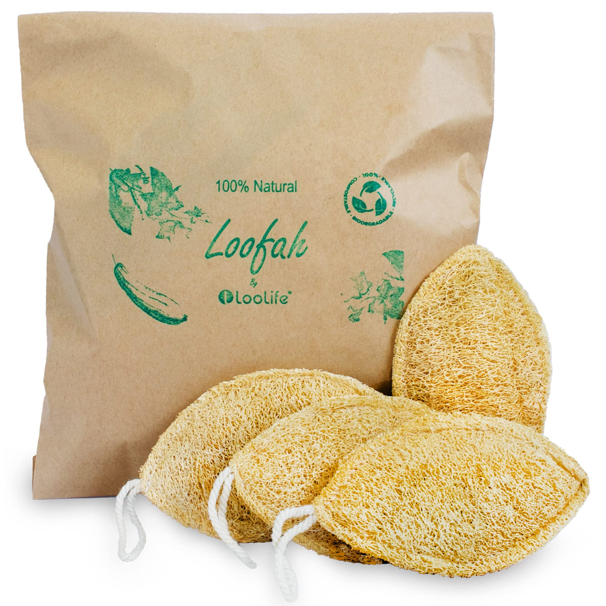 Loolife Natural Loofah Exfoliating Sponge 4 Pack - Biodegradable Body Scrubber