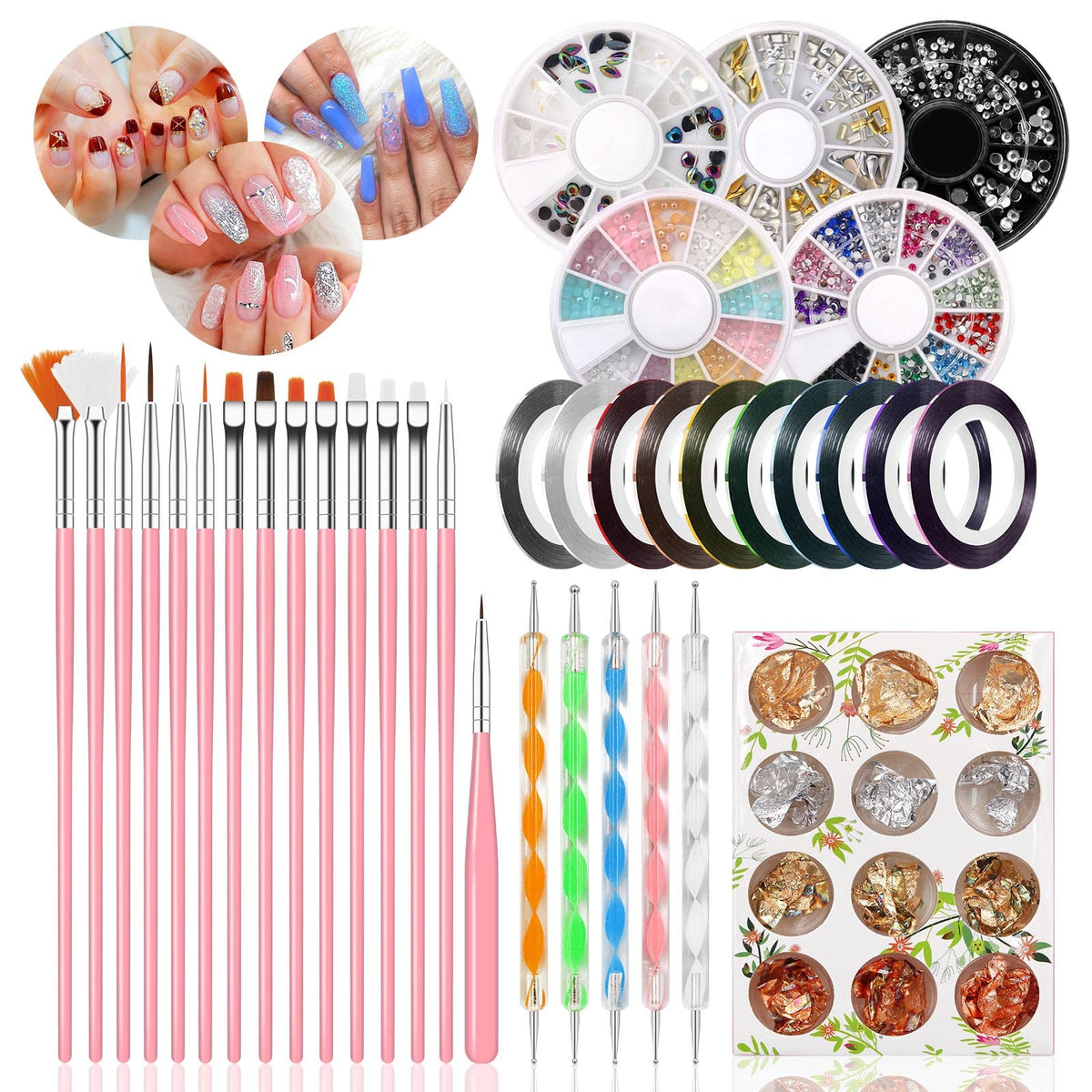 Dr.Pedi 47 Pcs Nail Art Pens Kit With Rhinestones, Foil & Tape - Pink Acrylic Design Set