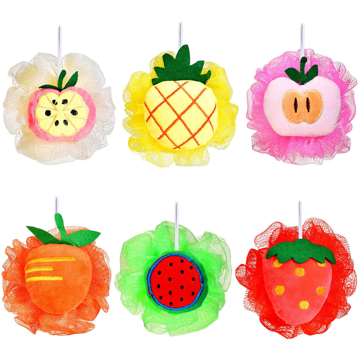 Boao 6 Pack Colorful Cartoon Fruit Bath Loofahs - 5X5 Inch Nylon Shower Sponge Scrubber Balls