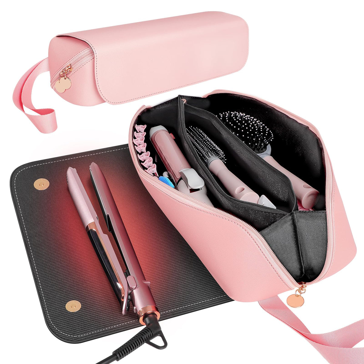 Ss 2 In 1 Hair Tools Travel Bag & Heat Resistant Mat - Waterproof Flat Iron Case, Pink