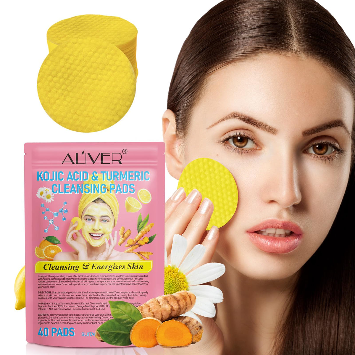 Isunrise Turmeric Kojic Acid Cleansing Pads - 40Pcs For Face & Body, Balances Skin Oil & Water