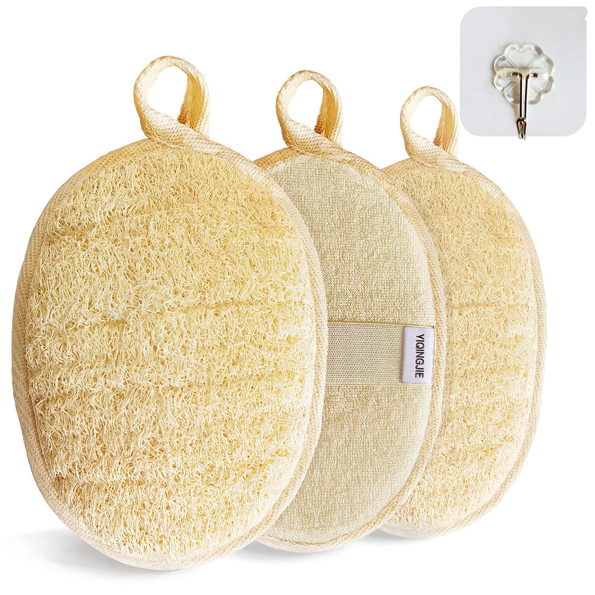 Yiqingjie Natural Loofah Sponge Exfoliating Body Scrubber, Eco-Friendly 3 Pack, Beige