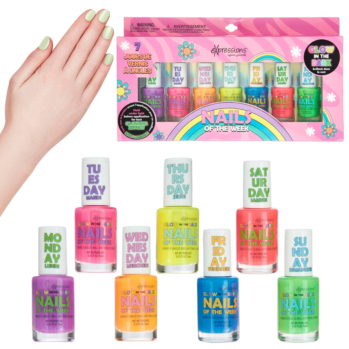 Expressions 7Pc Glow In The Dark Nail Polish Set - Non-Toxic Manicure & Pedicure Kit For Girls