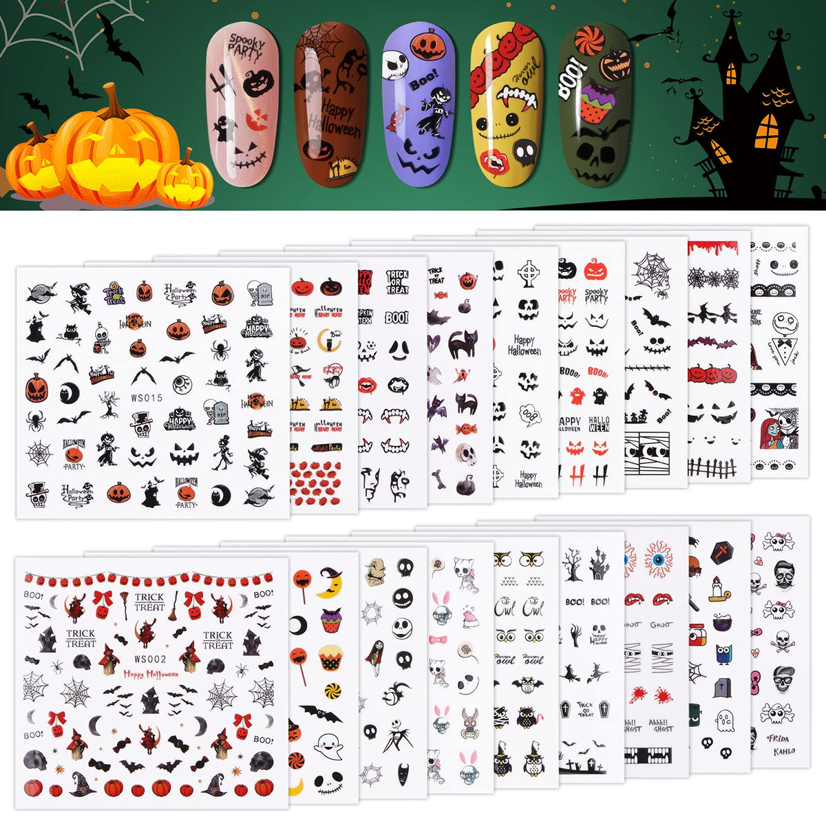 Kalolary 1600 Pcs Halloween Nail Art Stickers - 3D Self-Adhesive Pumpkin, Bat, Ghost Designs