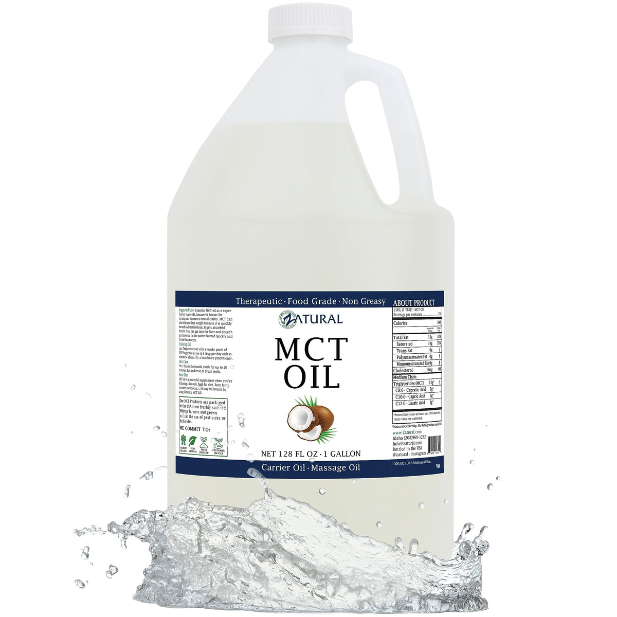 Zatural MCT Oil 128 Fl Oz - Pure, Food Grade, Carrier & Massage Oil, No Additives, Hydrating