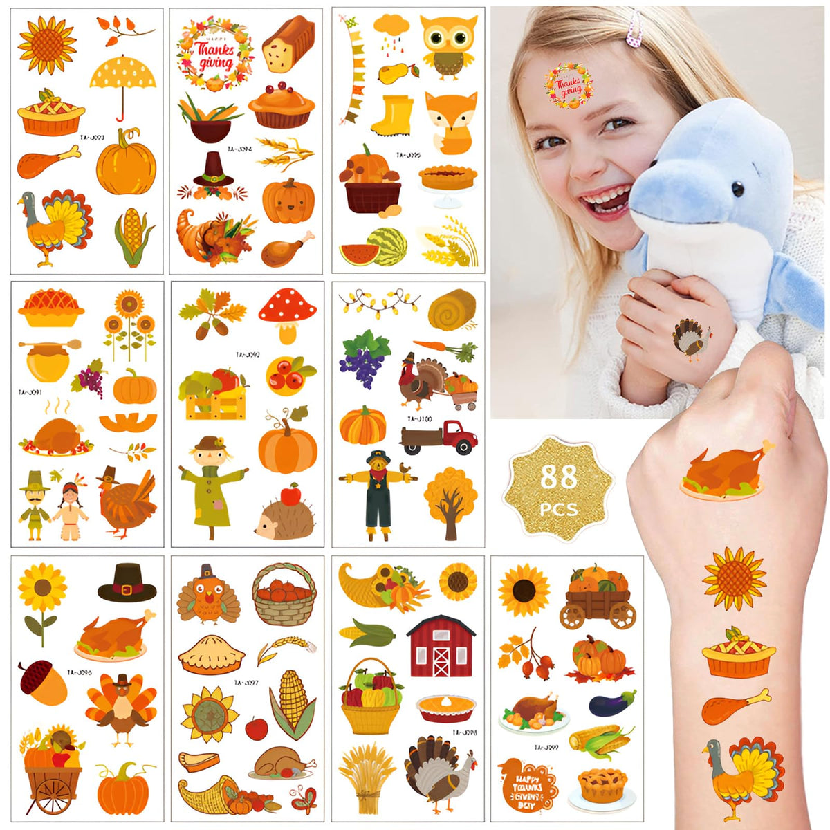 Y&C Tencob Thanksgiving Waterproof Temporary Tattoos For Kids - Party Favor Goody Bag