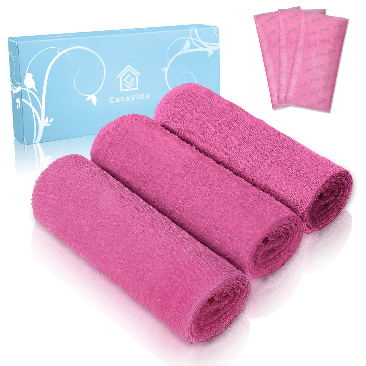 Casavida Exfoliating Washcloths - Nylon Bath Sponge, 3 Pack, Korean Loofah, Pink