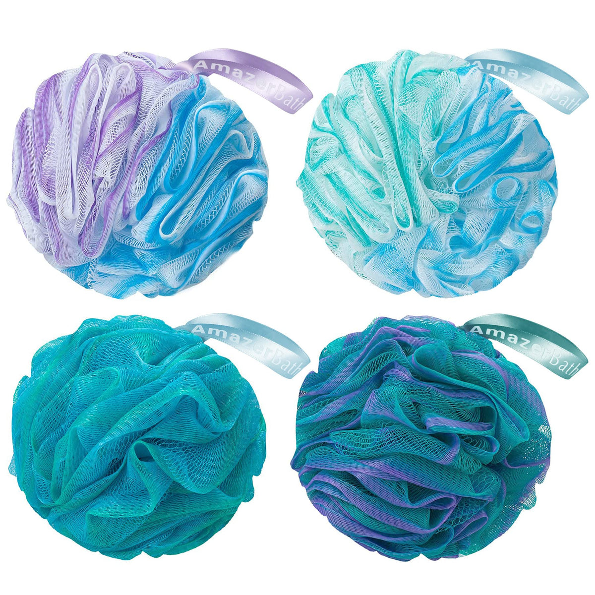 Amazerbath Exfoliating Loofah Sponge Set Of 4 - Green-Purple Bath Body Scrubber, 60G Each