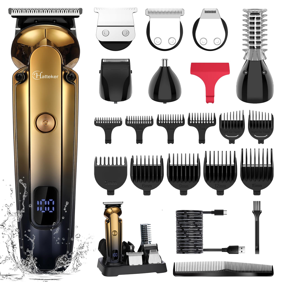 Hatteker Gold Men'S Beard Trimmer Kit, 6-In-1 Waterproof Electric Razor With T-Blade