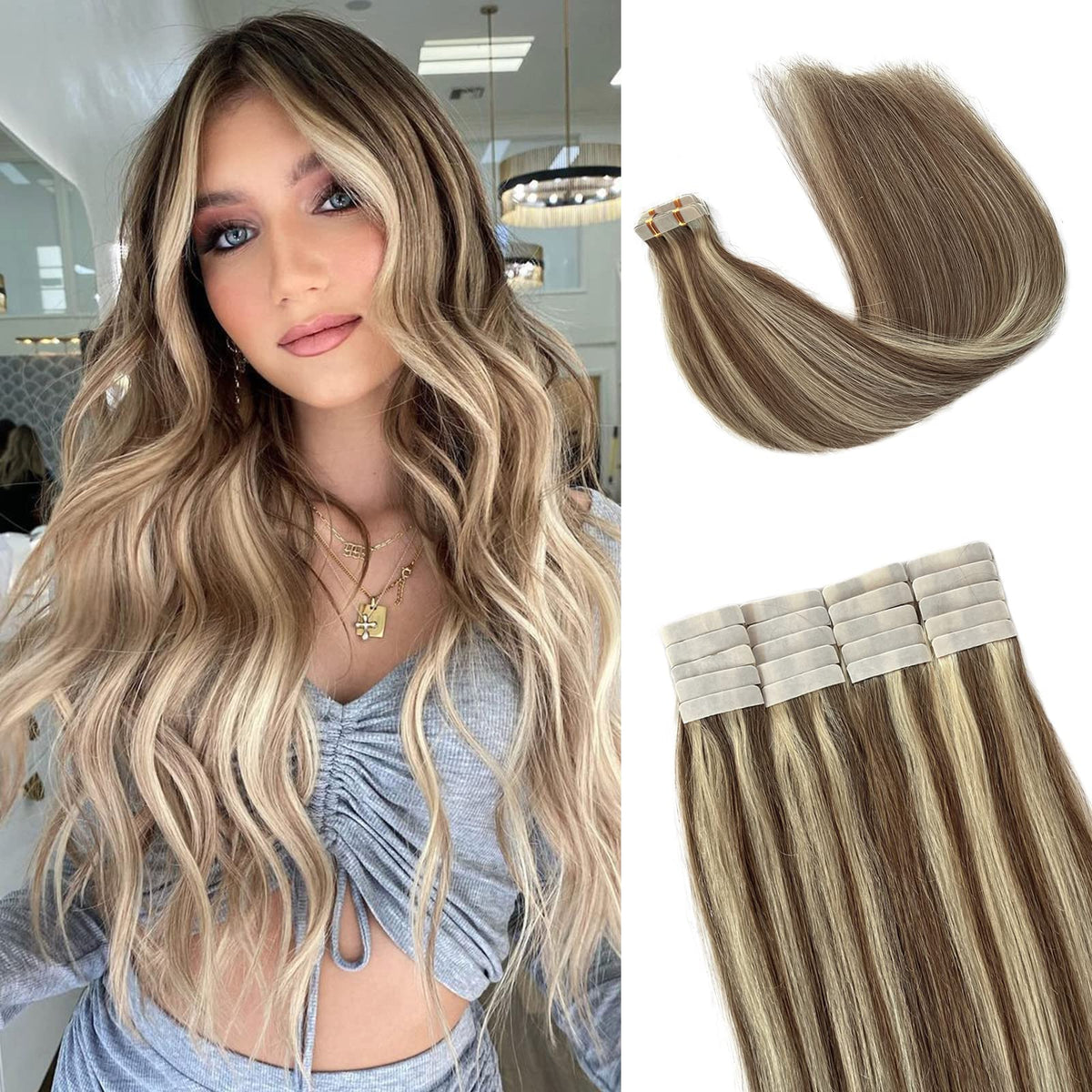 Munx Tape In Hair Extensions 14&quot; Ash Brown & Platinum Blonde Balayage - 20Pcs Human Hair