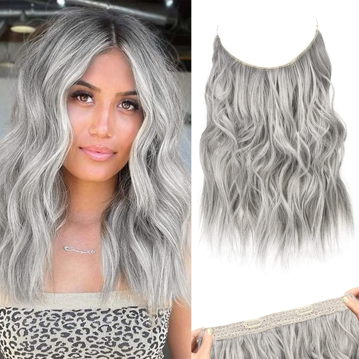 REECHO 12&quot; Invisible Wire Hair Extensions - Silver Grey, Adjustable Lace Weft with Secure Clips