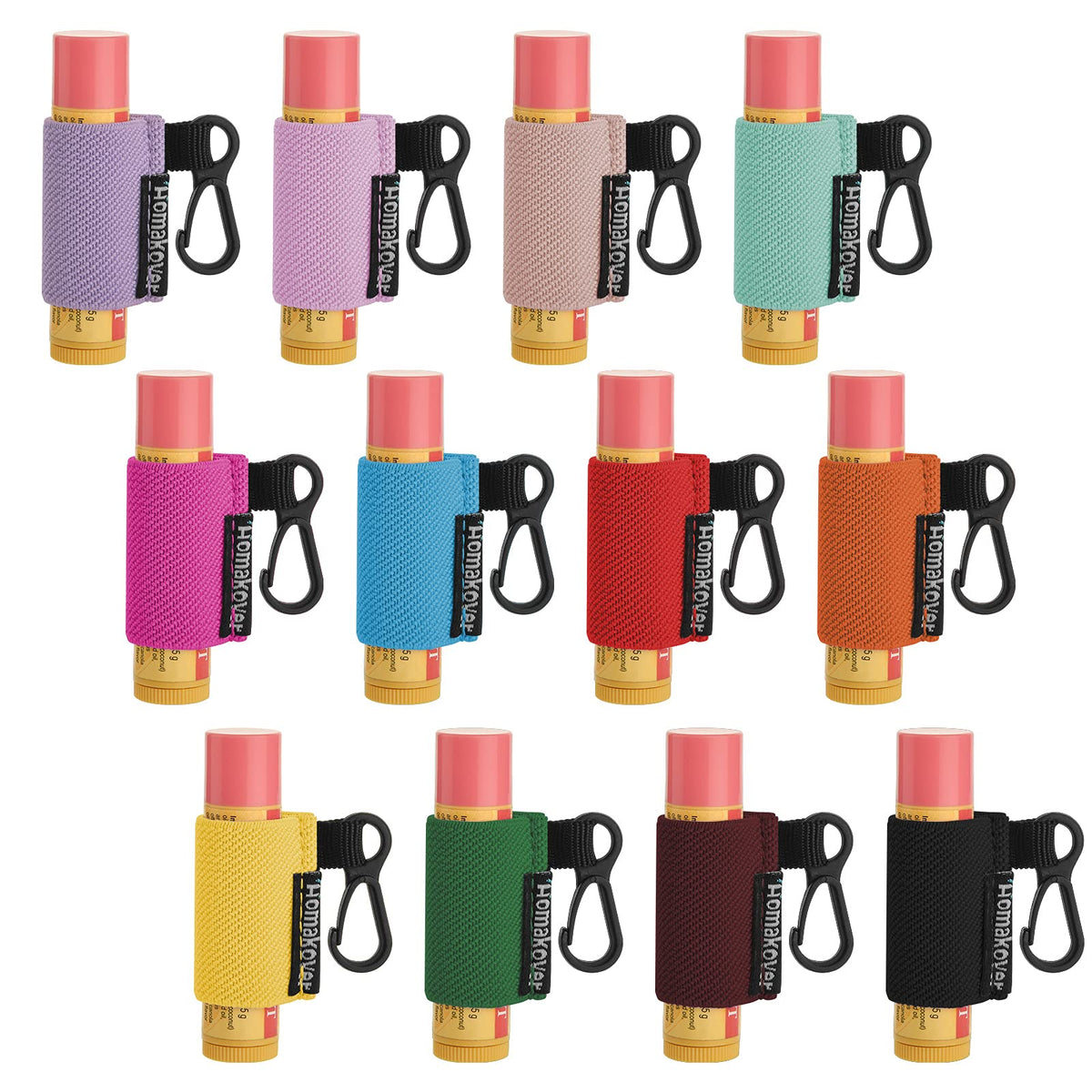 Homakover 12 Pack Clip-On Lip Balm Holders - Multicolor Keychain Sleeves With Clips