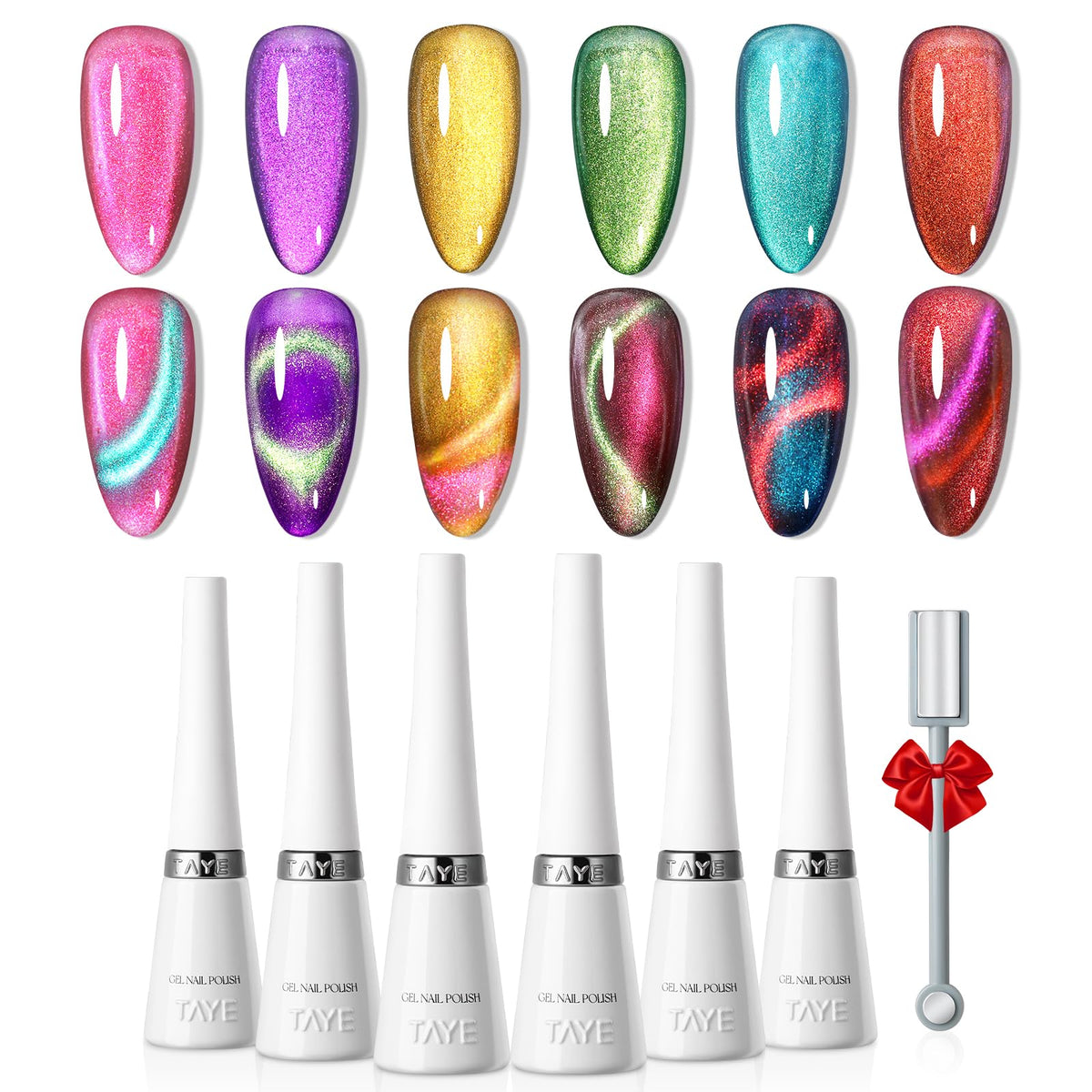 Taye Cat Eye Gel Nail Polish Set - 6 Colors Magnetic Polish With Double-Head Stick For Diy Nail Art