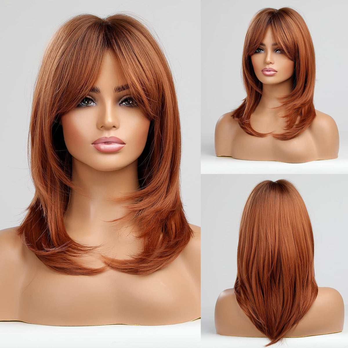 Alanhair Auburn Wigs For Women - Long Layered Orange Heat Resistant Synthetic Wigs With Bangs