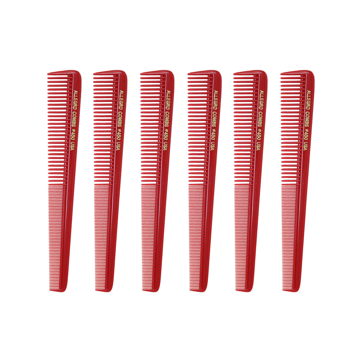 Allegro Combs 450 Tapered Hair Combs - 6 Pcs Red Barber & Hairstylist Pocket Combs,