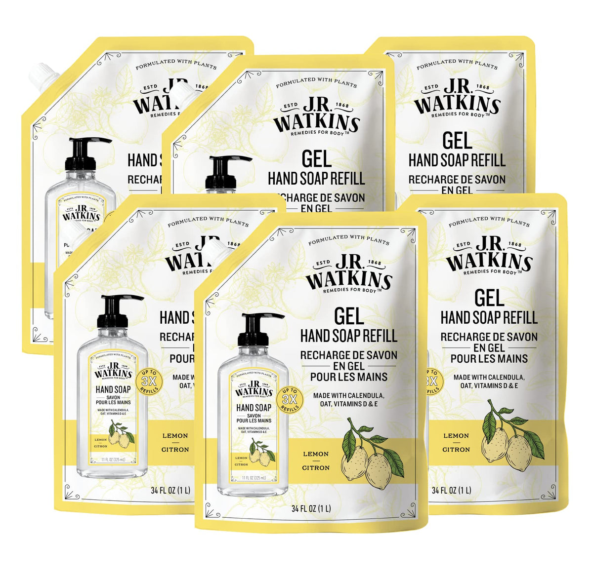 J.R. Watkins Lemon Gel Hand Soap Refill Pouch, 34 Fl Oz, 6 Pack, Usa Made, Cruelty