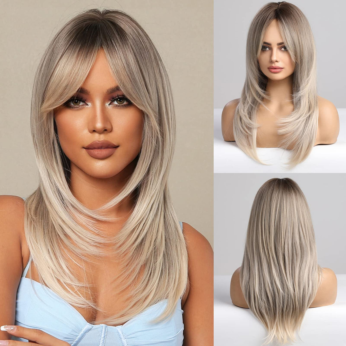 Haircube Grey Blonde 24&quot; Long Layered Ombre Wig With Bangs - Heat Resistant Synthetic Fiber