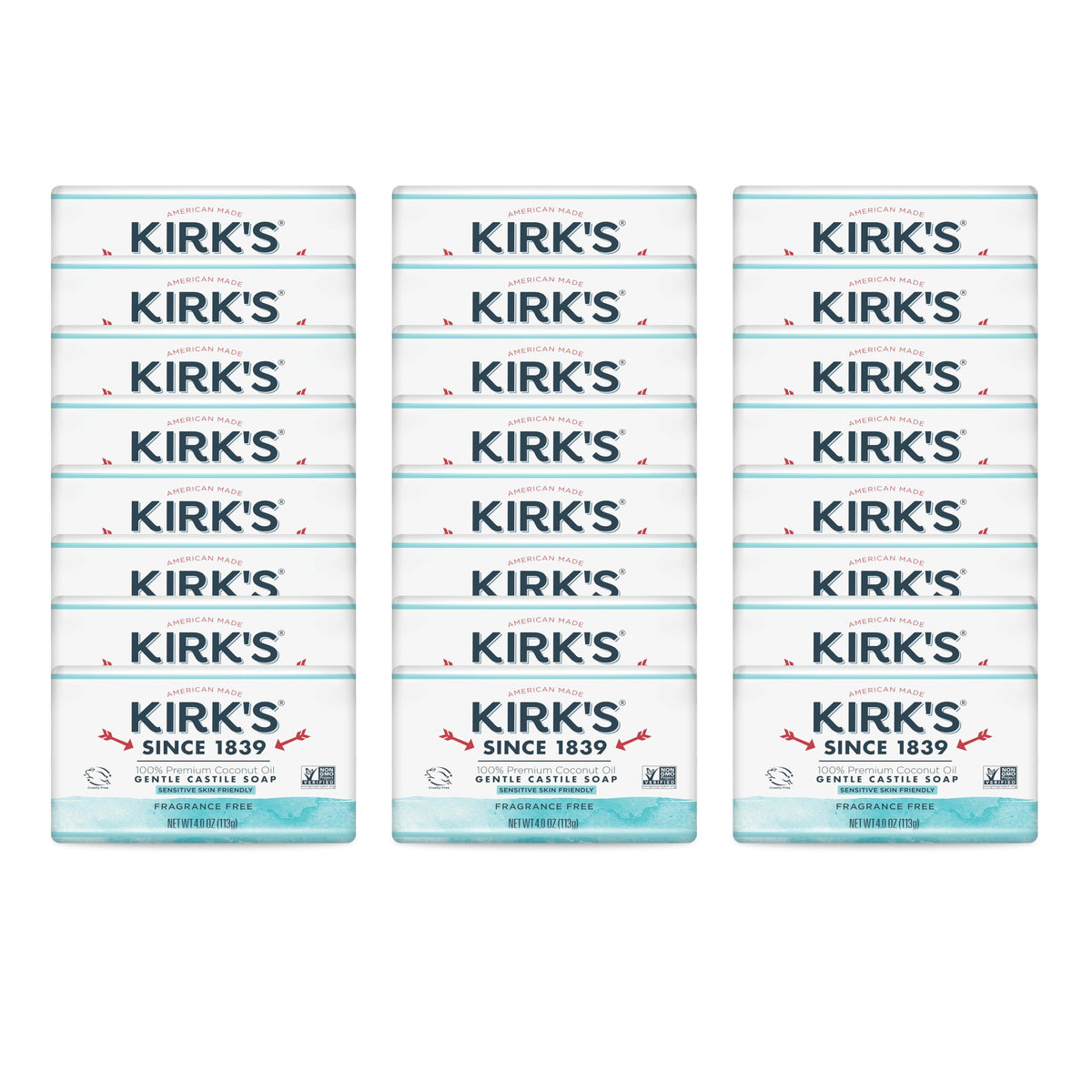 Kirk'S Castile Bar Soap, Vegan, Fragrance-Free, 4 Oz Bars, 24 Pack For Sensitive Skin