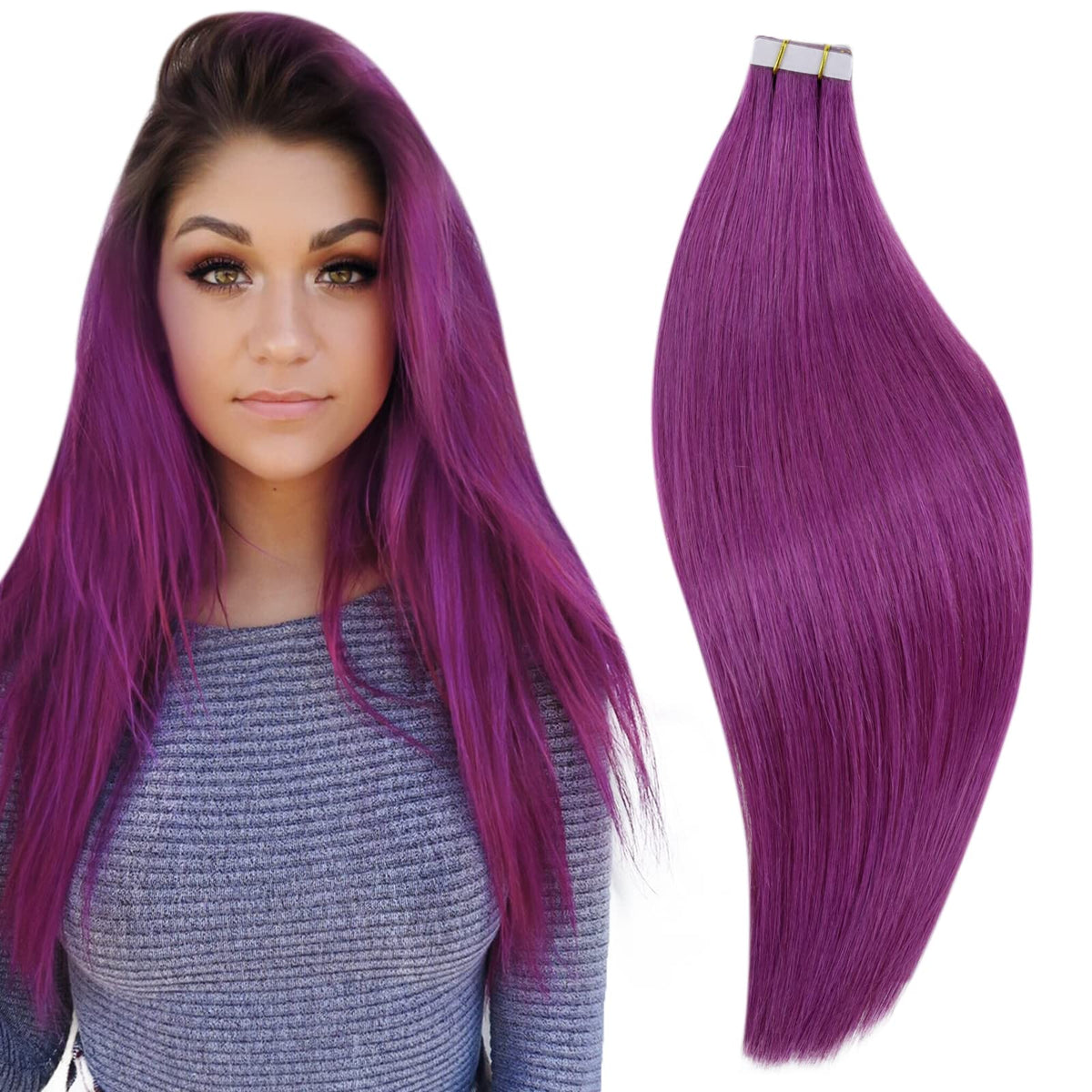 Runature 22&quot; Purple Tape In Hair Extensions - Remy Human Hair, 10Pcs Highlight Color