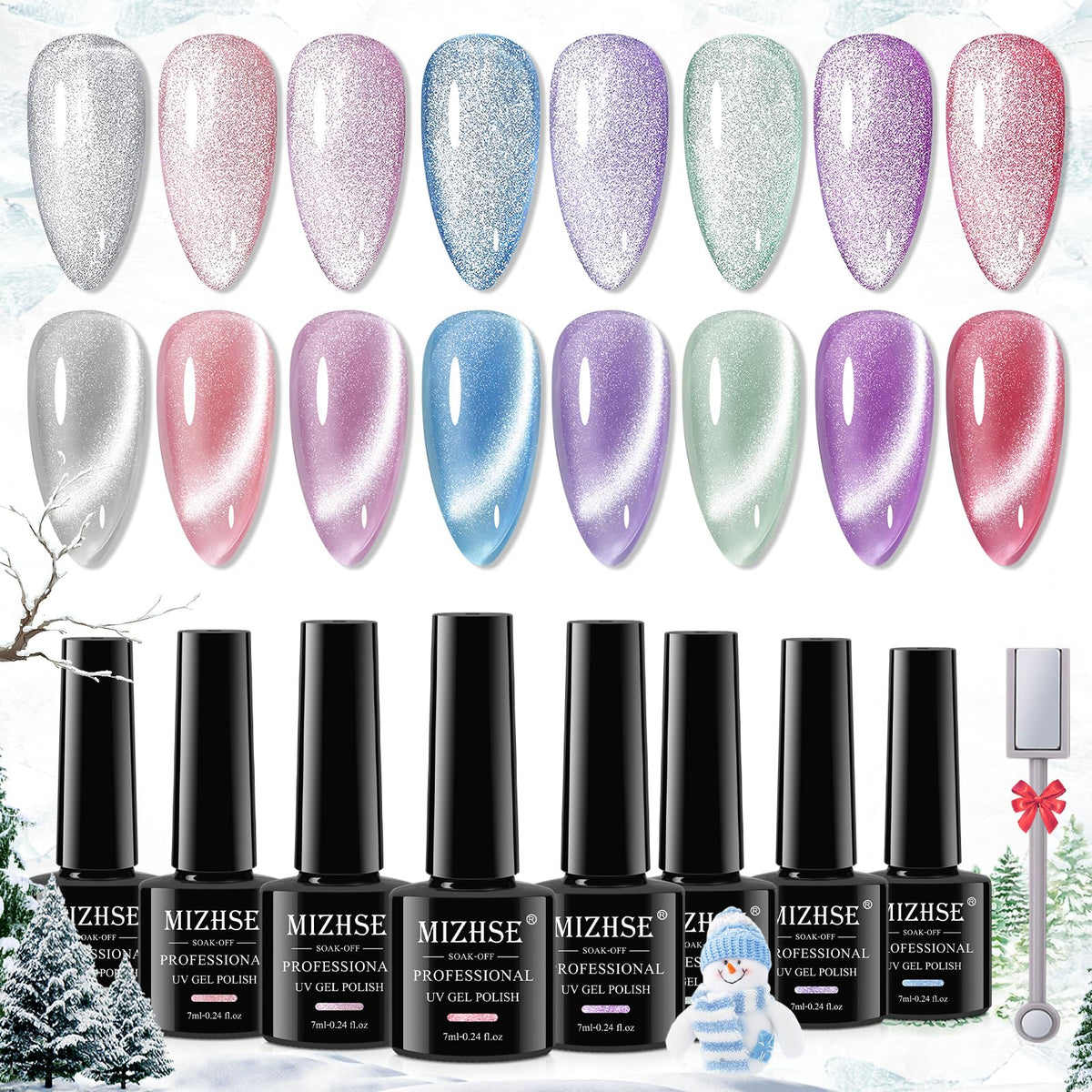 Mizhse Cat Eye Gel Nail Polish Kit - 8 Holographic Colors, Magnetic Gel For Manicure