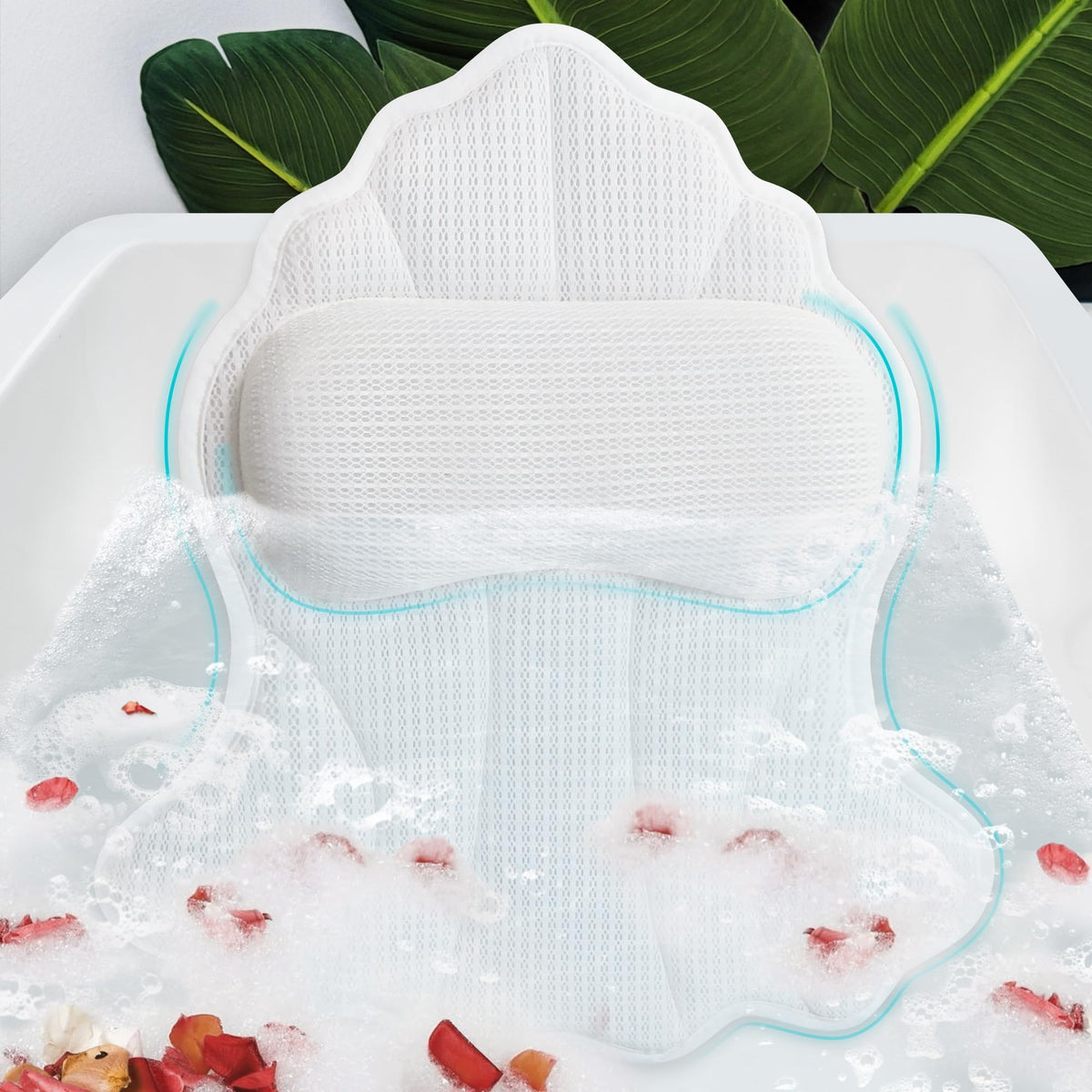 Poemland Luxury Bath Pillow - Soft 4D Mesh With 6 Suction Cups For Neck & Head Support - White