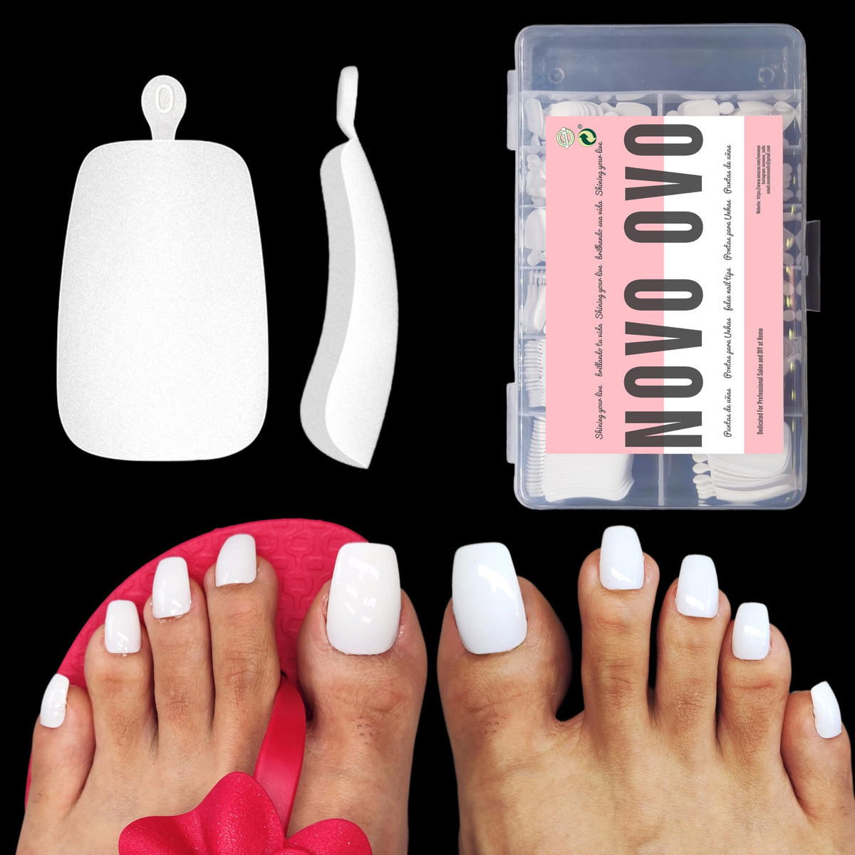 Novo Ovo Pure White Long Tapered Square Fake Toe Nail Tips - 240 Pcs Soft Gel Extensions