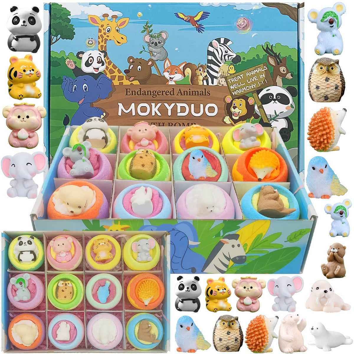 Mokyduo Bath Bombs For Kids, 12-Pack With Endangered Animal Toys, Fun Educational Gift