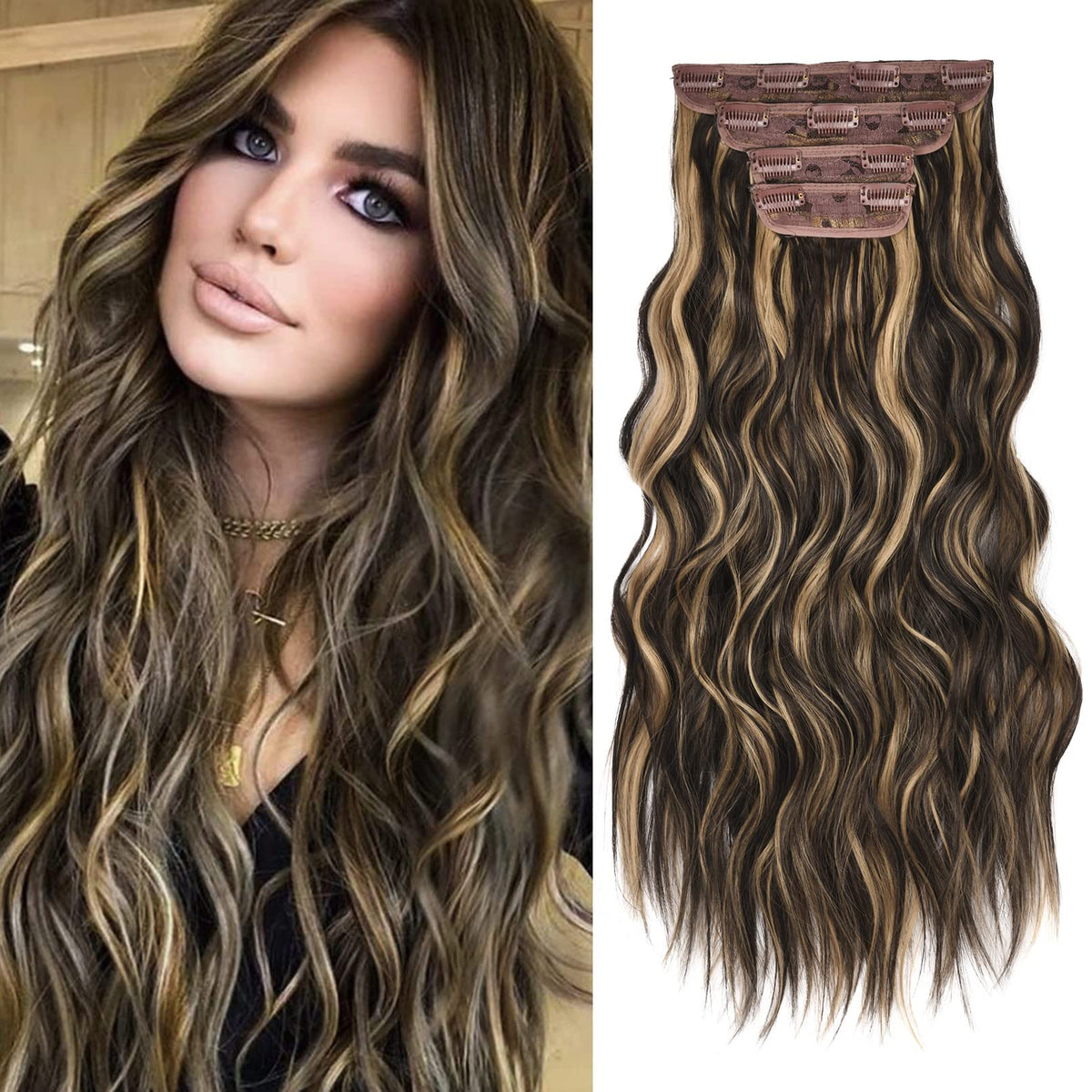 REECHO 4PCS Clip in Hair Extensions, 20&quot; Dark Brown with Blonde Highlights, Synthetic Hairpieces