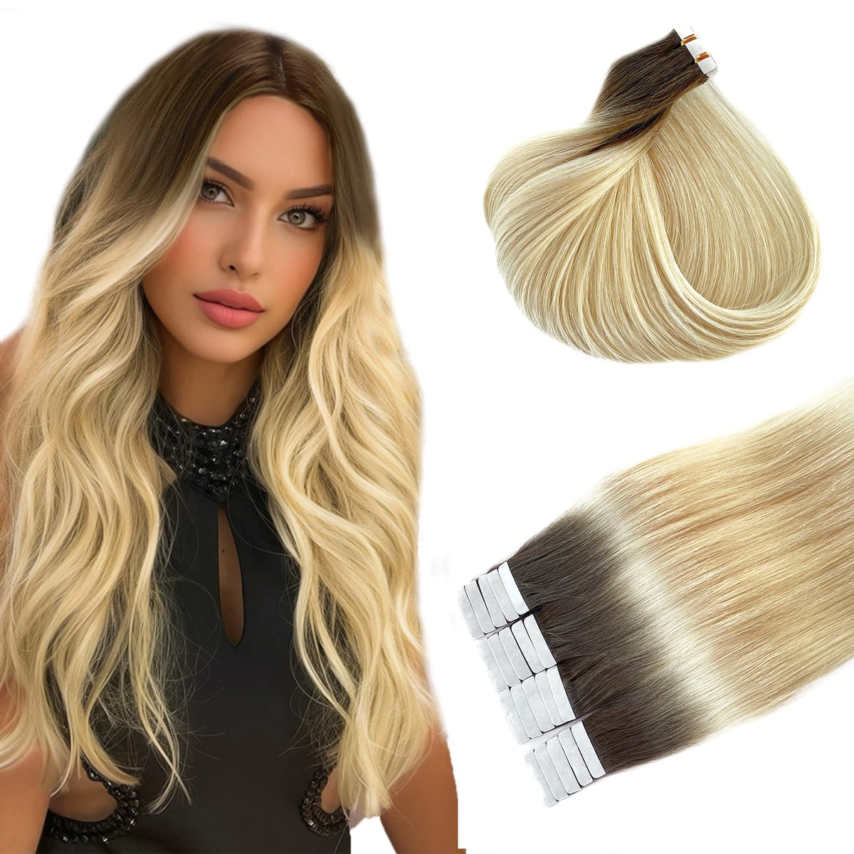 Munx Ombre Tape In Hair Extensions 16 Inch, Flax Brown To Platinum Blonde, Real Human Hair 20Pcs