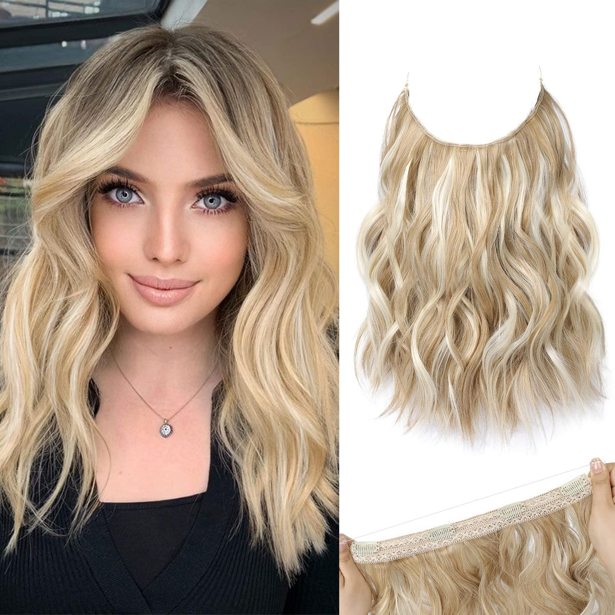 REECHO 12&quot; Invisible Wire Hair Extensions - Medium Blonde with Highlights, Wavy, Adjustable Clips