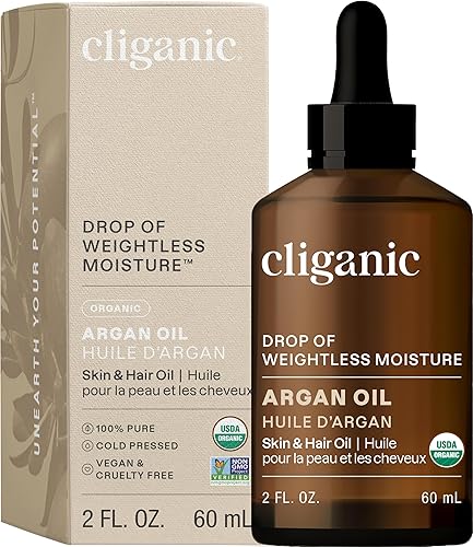 Cliganic Organic Argan Oil 100% Pure - Cold Pressed Carrier Oil For Hair, Face & Skin 2 Fl Oz