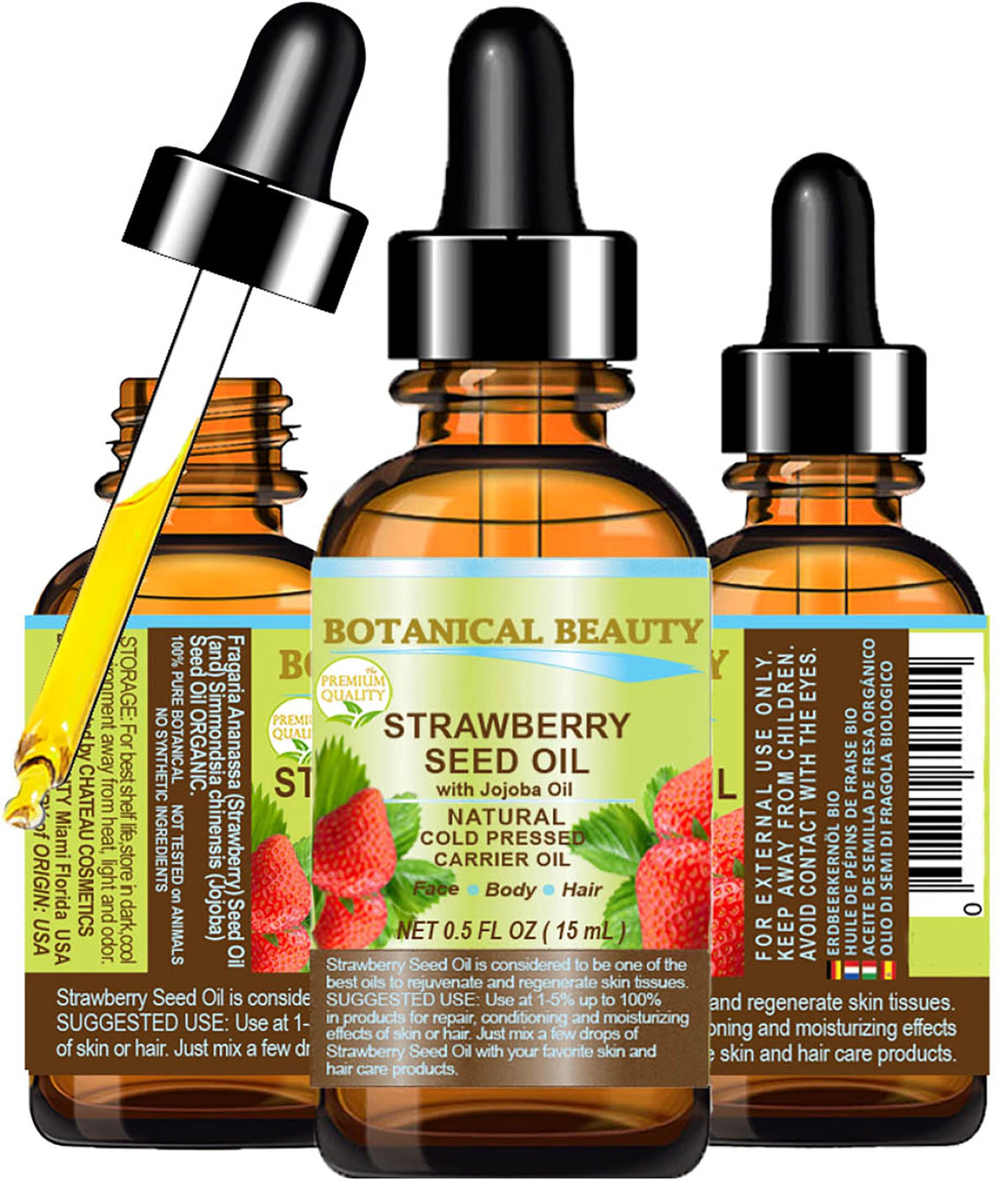 Botanical Beauty Strawberry Seed Oil 100% Pure, Cold Pressed Moisturizer For Face, Skin, Hair 15Ml