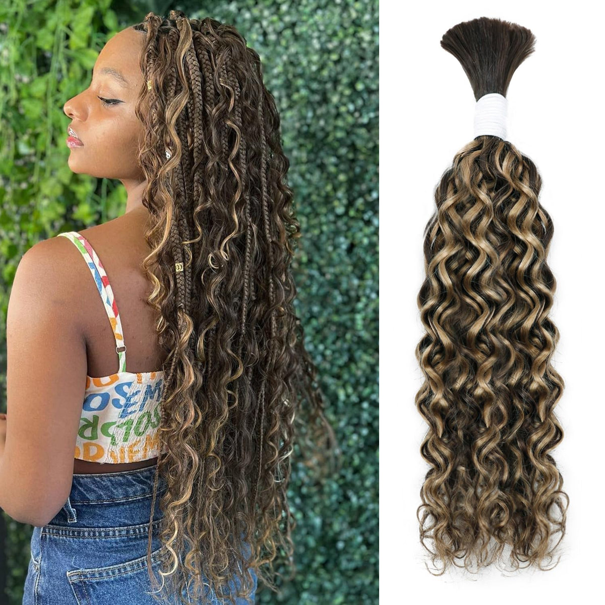 Liqusee 16&quot; Water Wave Curly Human Braiding Hair #P4/27 - 100G Bulk For Boho Braids