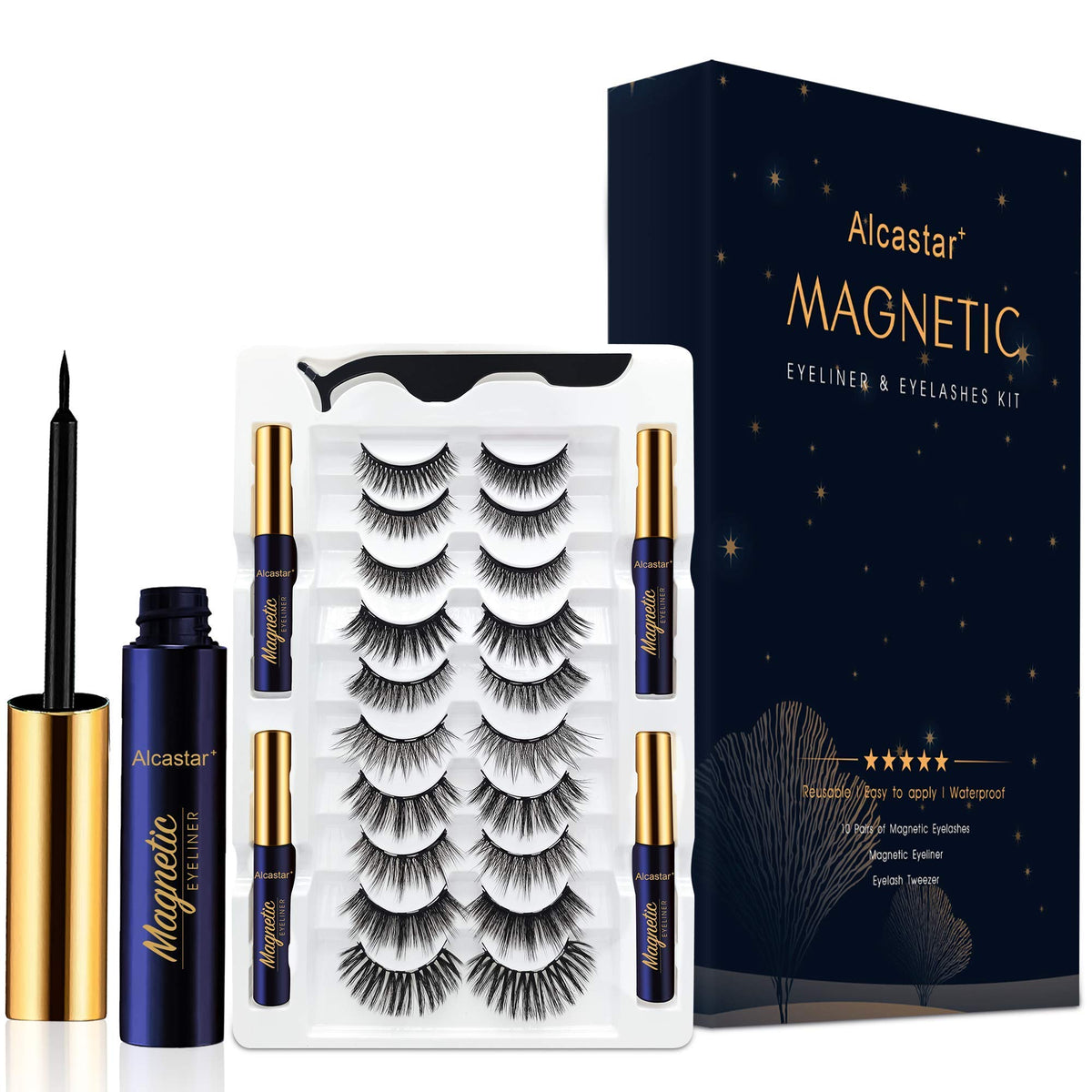 Alcastar Magnetic Eyelashes Kit - Natural Look, Waterproof Mink Lashes, Easy To Apply (10 Pairs)