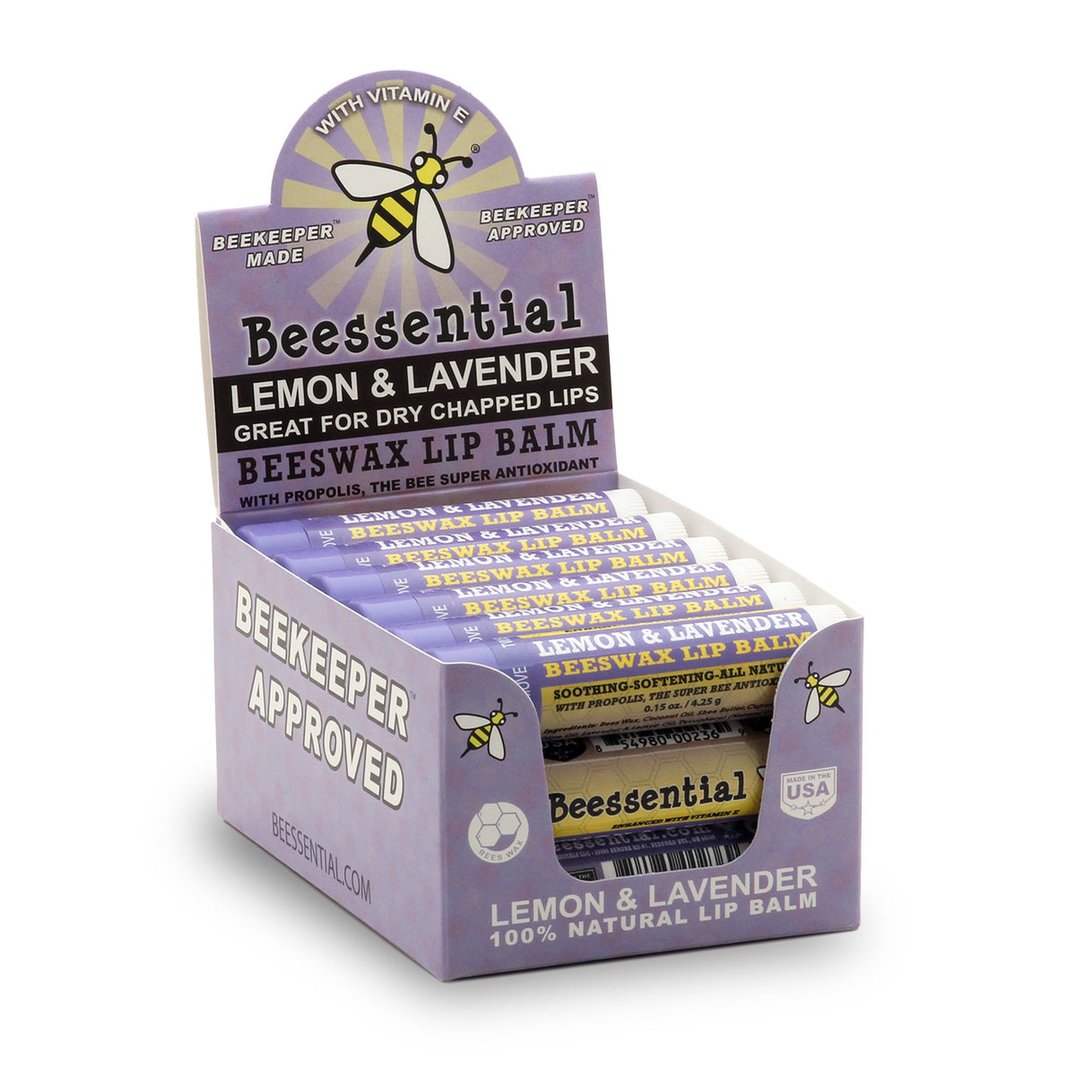 Beessential Lavender Lip Balm 18 Pack - Natural Moisturizer For Men, Women & Kids, Great For Gifts