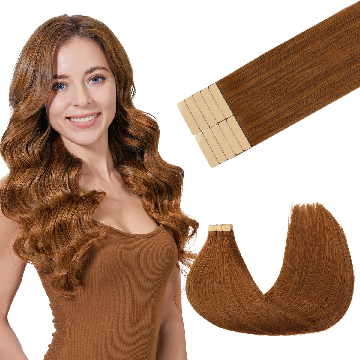 GOO GOO 14&quot; Copper Tape in Hair Extensions, Human Hair, 10pcs, Thick Ends, Seamless