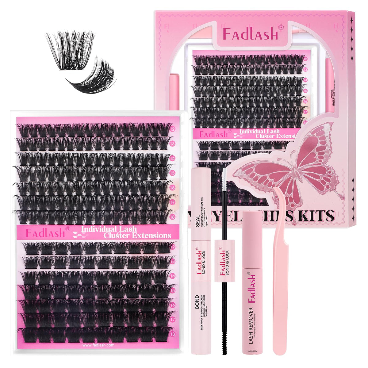 FADLASH DIY Lash Extension Kit - D Curl Cluster Lashes, Glue, Bond, Remover & Tweezers, 12