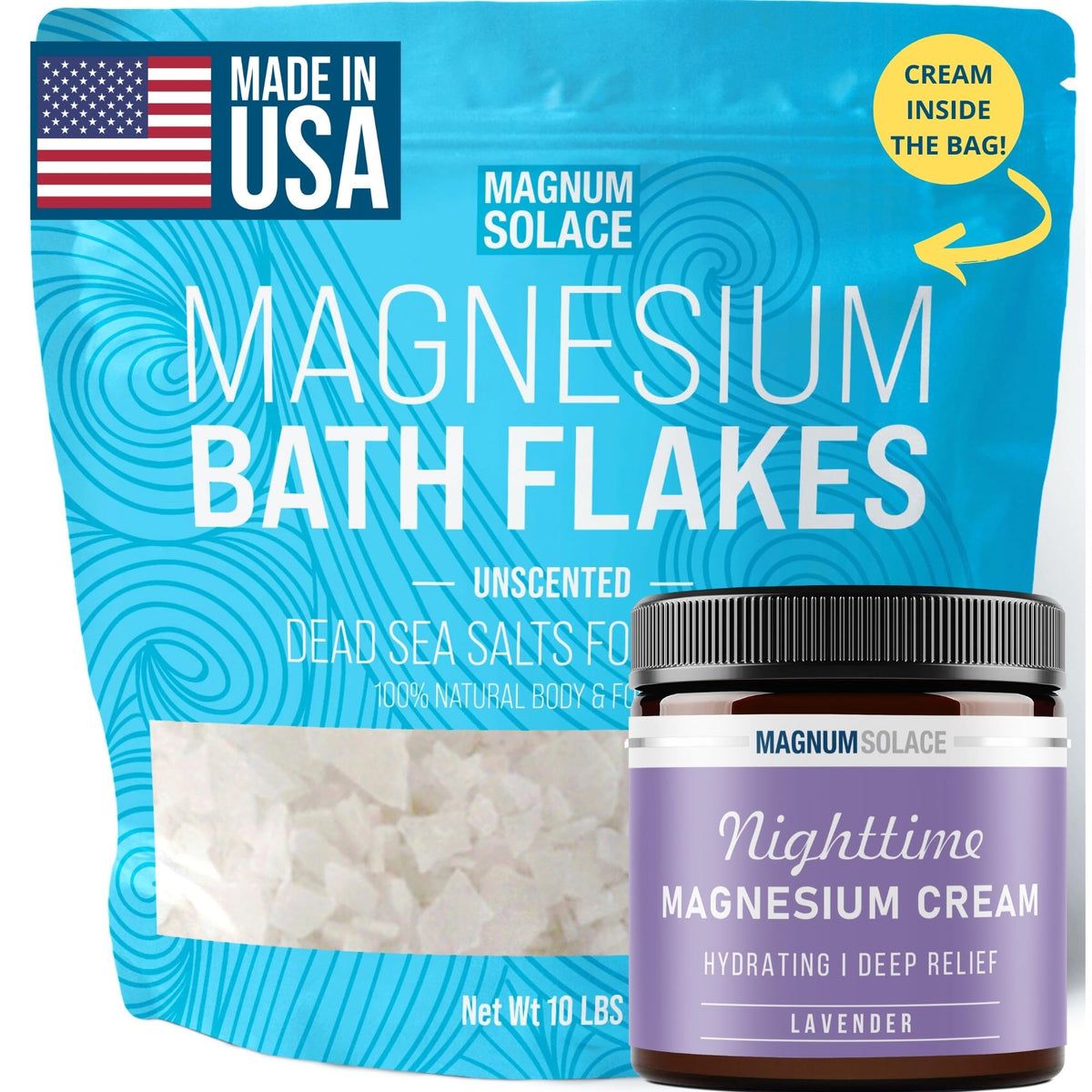 Magnum Solace Magnesium Flakes For Bath 10 Lbs & Nighttime Lavender Cream