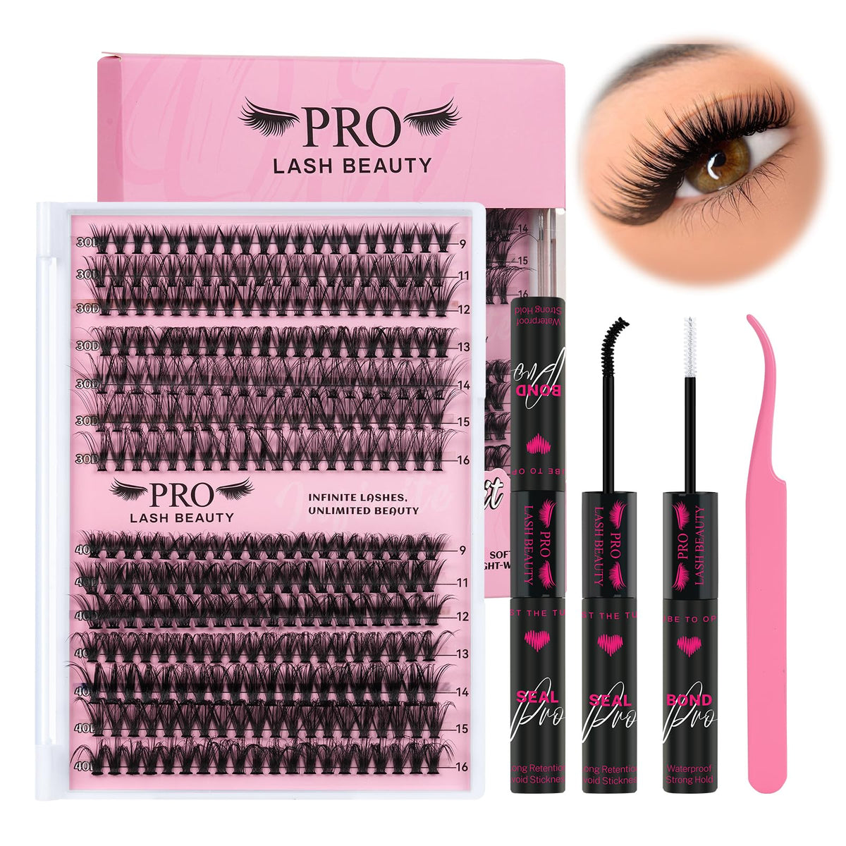 Pro Lashbeauty Lash Clusters Kit, 280 Pcs Faux Mink 30D+40D With Bond & Seal Applic