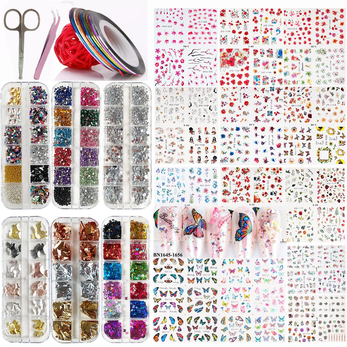 Zoance Nail Art Stickers Set - 13 Sheets Water Transfer Flowers, Rhinestones & Charms For Diy Manicure