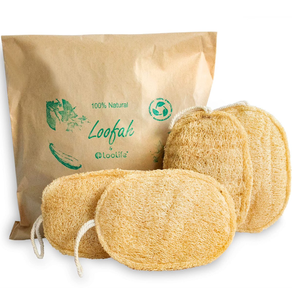 Loolife Natural Loofah Exfoliating Sponge 4 Pack - Biodegradable Body Scrubber For Shower