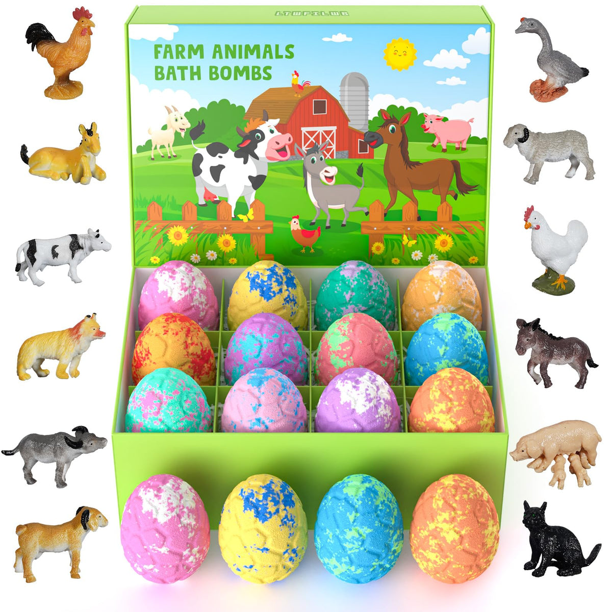 Ltwfilwb Kids Bath Bombs 12 Pack With Farm Animal Toys - Organic Fizzy Dino Gift For Toddlers