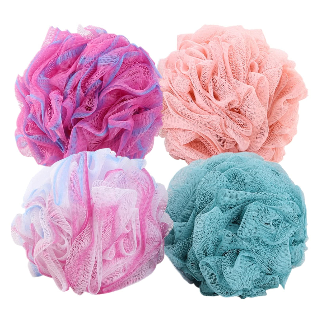 Btyms 4 Pack Exfoliating Shower Loofahs, Bath Puffs & Scrubbies For Men & Women, 75