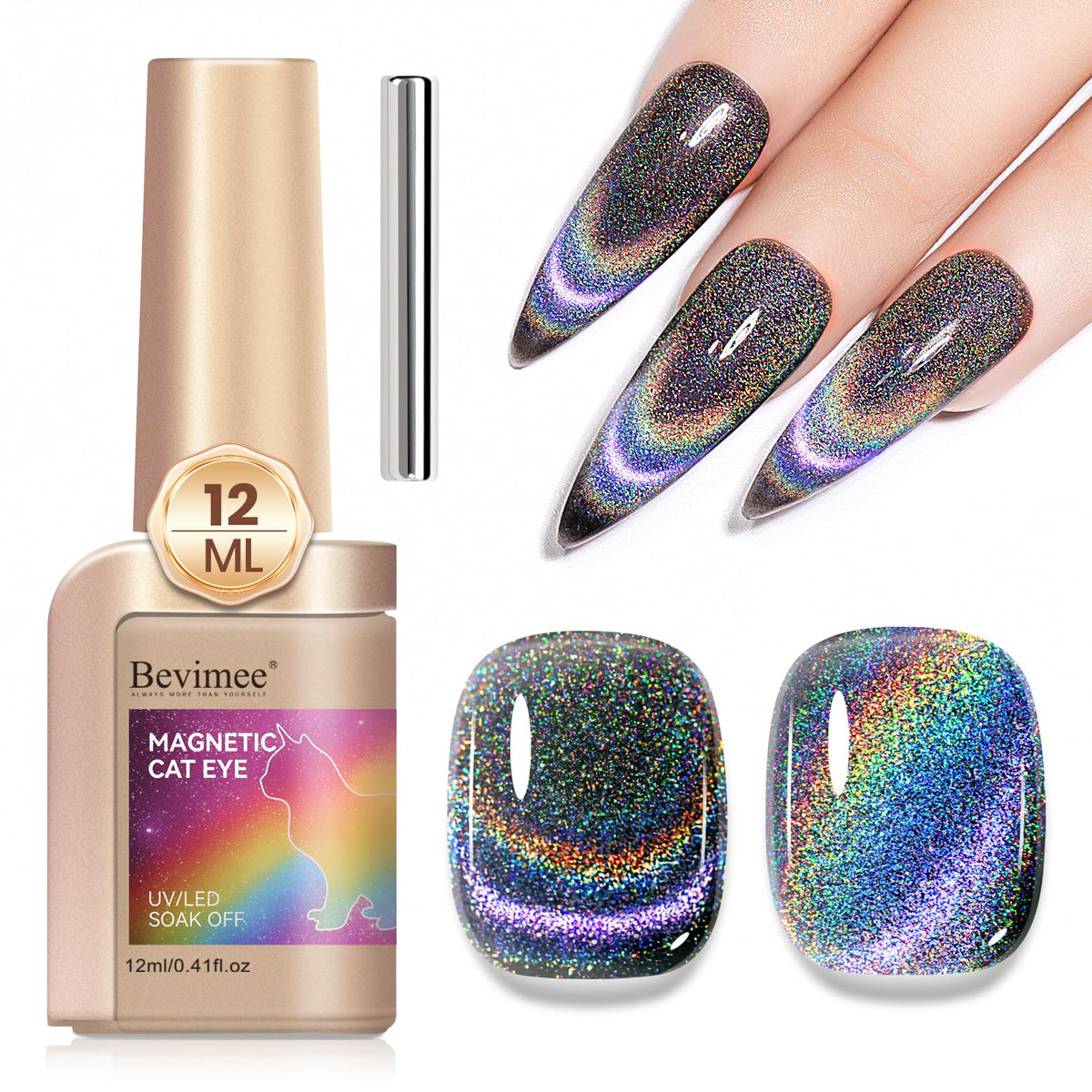 Bevimee Black Glitter Holographic Cat Eye Gel Nail Polish - 12Ml Magnetic Nail Art