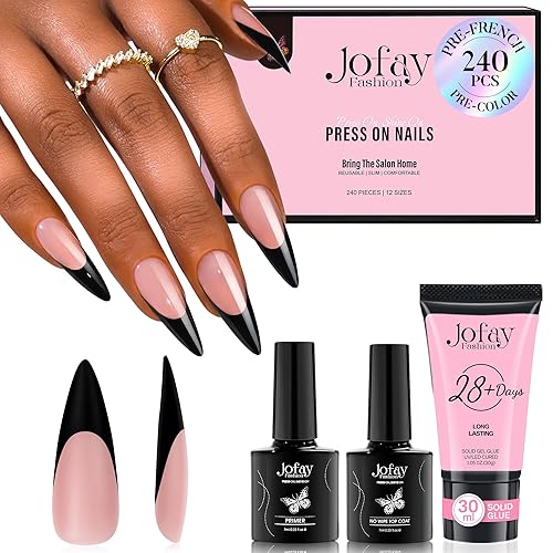 Jofay Fashion Stiletto Black French Tip Gel Nails - Acrylic Press-On Nails With Solid Glue 30G